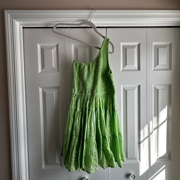 One Shoulder Joe Mini Dress in Athene Lime Green Metallic stripe Sundress m/l - Picture 4 of 7